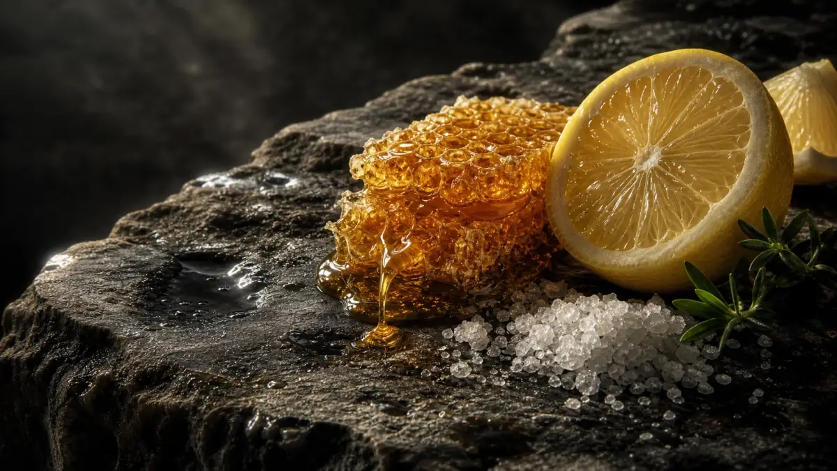 Miel, limón y cristales de sal sobre roca oscura